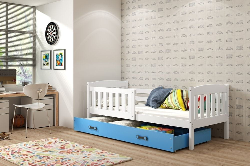 eoshop Detská posteľ Kubus - 1 osoba, 80x190 s úložným priestorom - Biela, Modrá